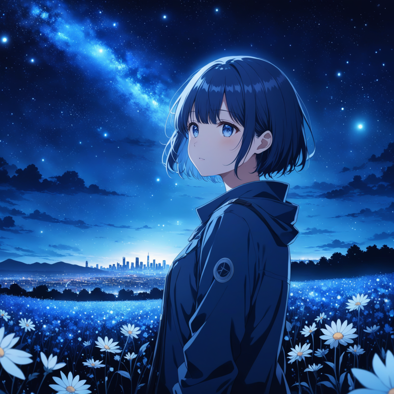 31073604-684726996372598-anime girl, night, blue light behind her, ((Galaxy, Lens flare)), short hair, flower field, night sky, cinematic shot. Wallpaper.png